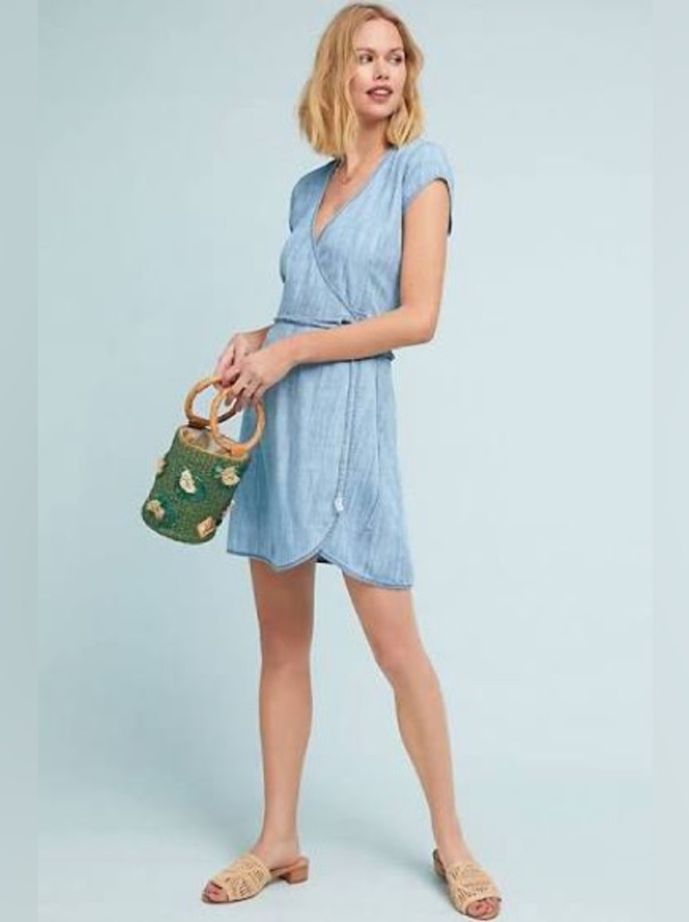 Cloth & Stone Juniper Light Blue Short Wrap Dress with Tie Waist size M